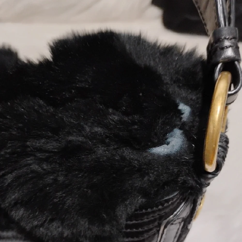 Coach Y2K Black Shoulder Bag W Rabbit Fur Trim & Matching Wallet/Wristlet Bundle